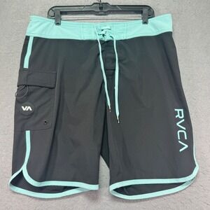 RVCA Board Shorts Black Teal Performance Stretch Size 36x9 Mens Swim Trunks